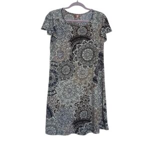 SJS Medium Mandala & Medallion Patterned Midi Shift Dress Artisanal Worldly Boho